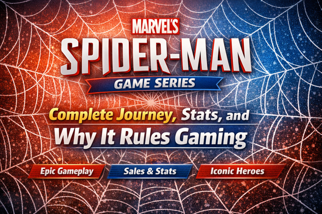 Marvel’s Spider-Man game series banner showing complete journey, stats, and gaming impact with spider web background