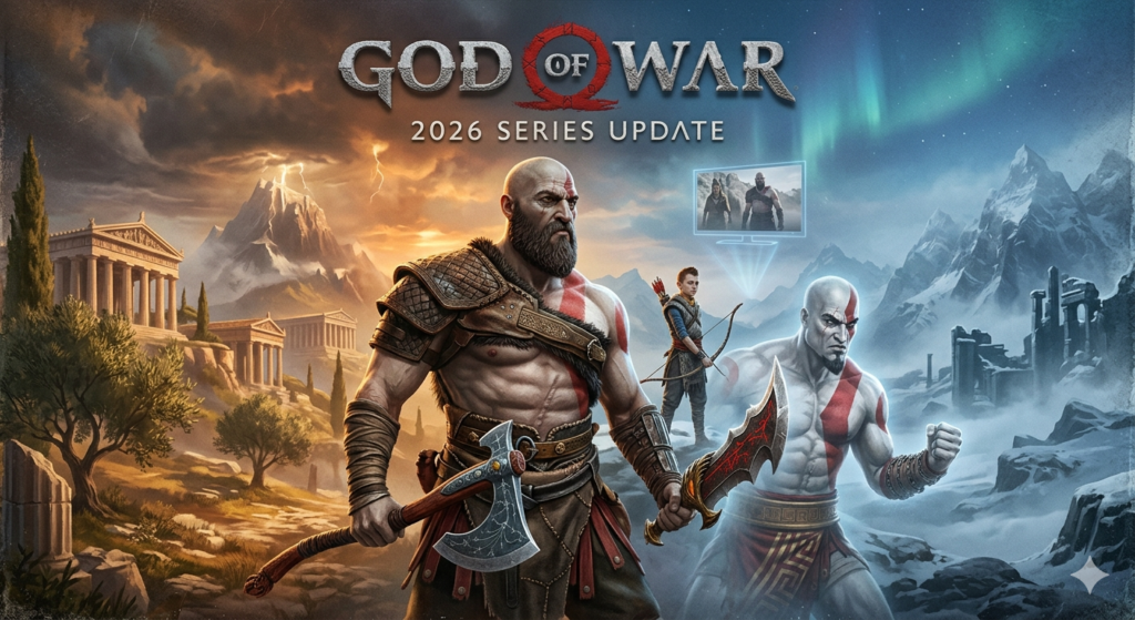 Cinematic artwork of Kratos in 2026, combining Greek and Norse elements, referencing new God of War games and the TV series.