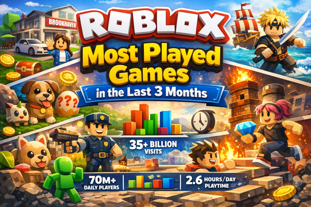 Roblox most played games in the last 3 months showing popular gameplay, player statistics, and trending Roblox games in 2026